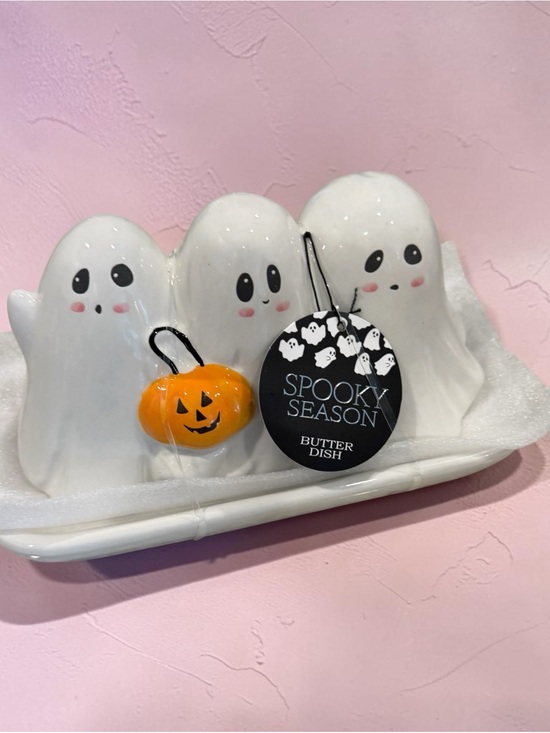 Other - Spooky Season Ghost Butter Dish with Pumpkin - White